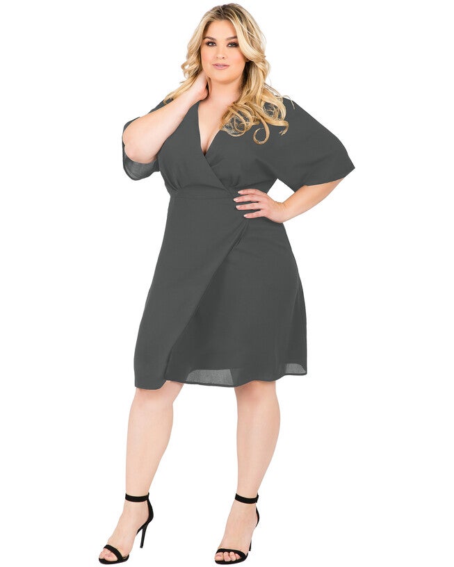 Plus Size Candice V-Neck Kimono Wrap Midi Dress, Smoke Grey / Charcoal Grey, alternate image number 2