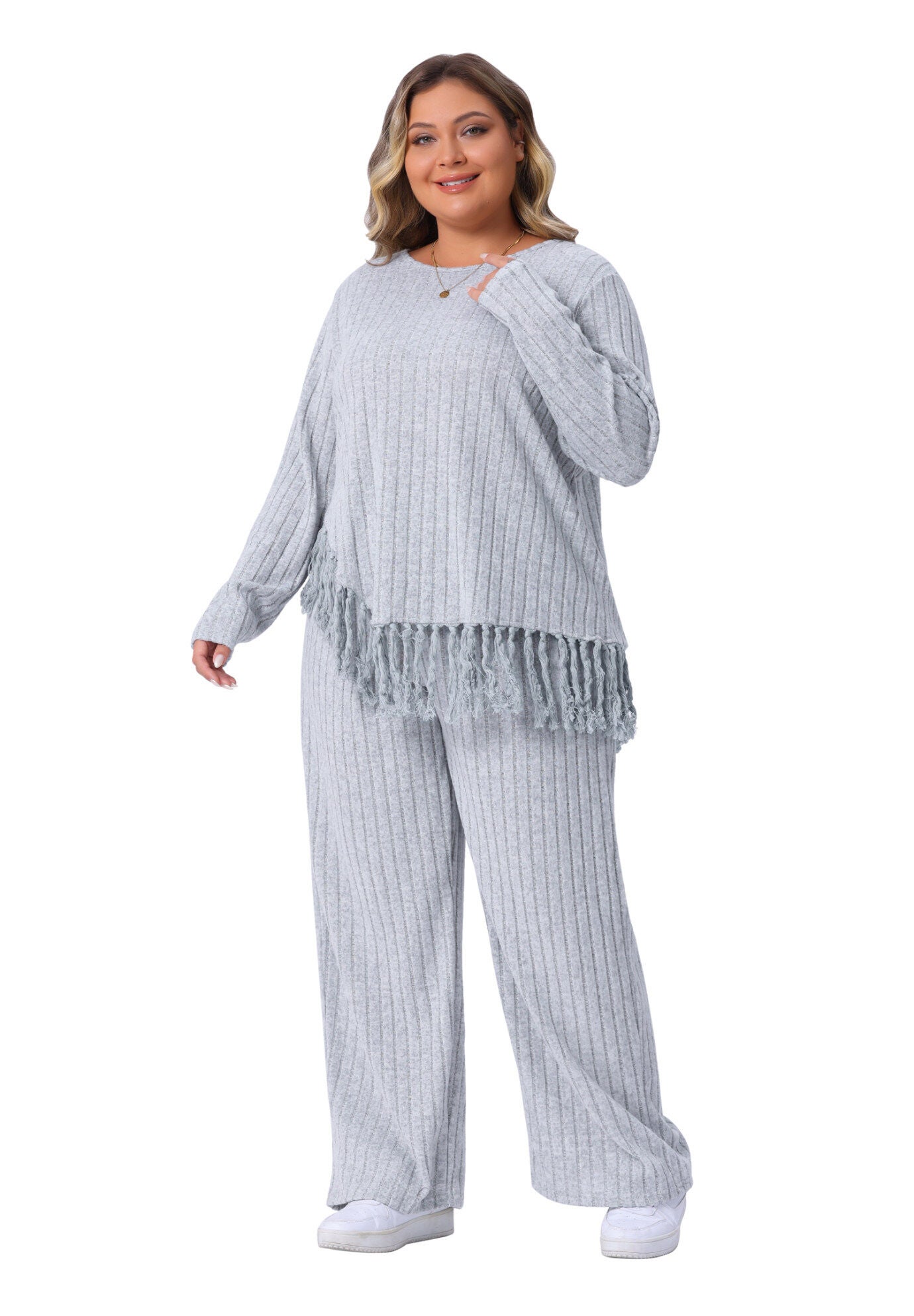 2 Piece Lounge Set Asymmetrical Fringe Hem Outfits, Gray / Cool Gray, hi-res image number 0