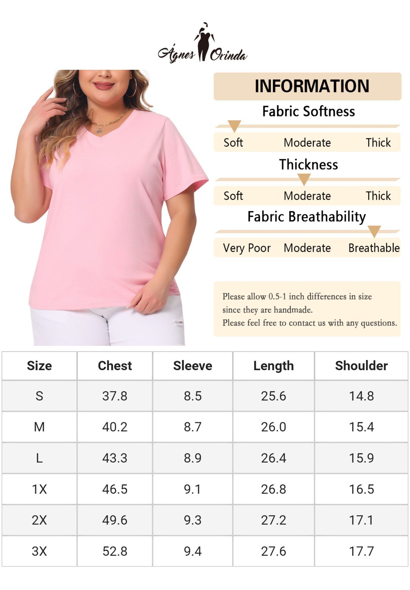 Short Sleeve V Neck Basic T-Shirt Top, Pink / Pink, alternate image number 4