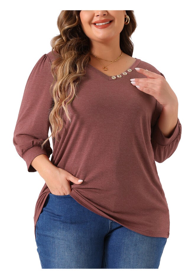 3/4 Sleeve V Neck Button Decor Blouse Shirt, Burgundy / Burgundy, alternate image number 2