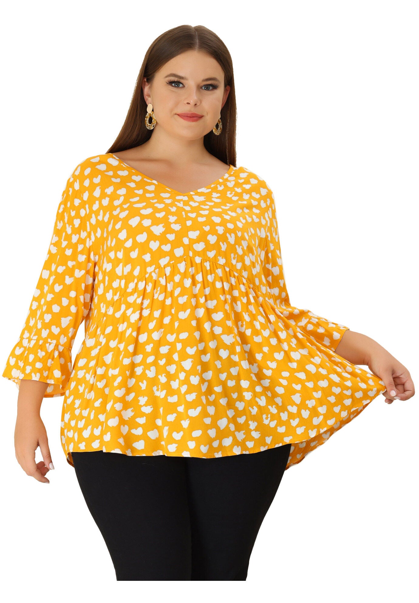 Polka Dots Blouse 3/4 Ruffle Sleeve Peplum Top, Yellow / Yellow, hi-res image number 0
