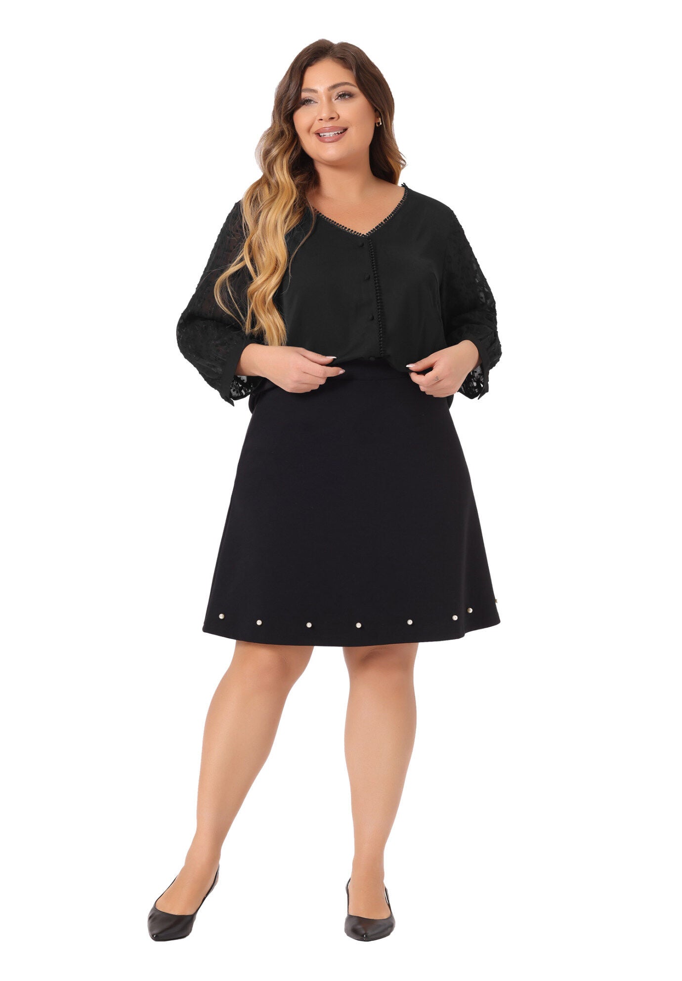 V Neck Sheer Lace Panel 3/4 Sleeve Button Up Lace Top, Black / Black, hi-res image number 0