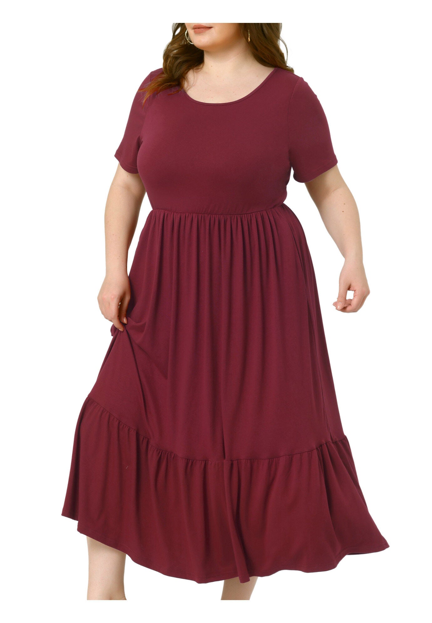 Short Sleeve Crew Neck Swing Flowy Summer Maxi Dress, Burgundy / Burgundy, alternate image number 1