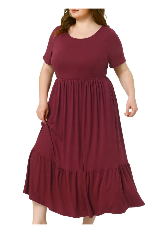Short Sleeve Crew Neck Swing Flowy Summer Maxi Dress, Burgundy / Burgundy, alternate image number 1