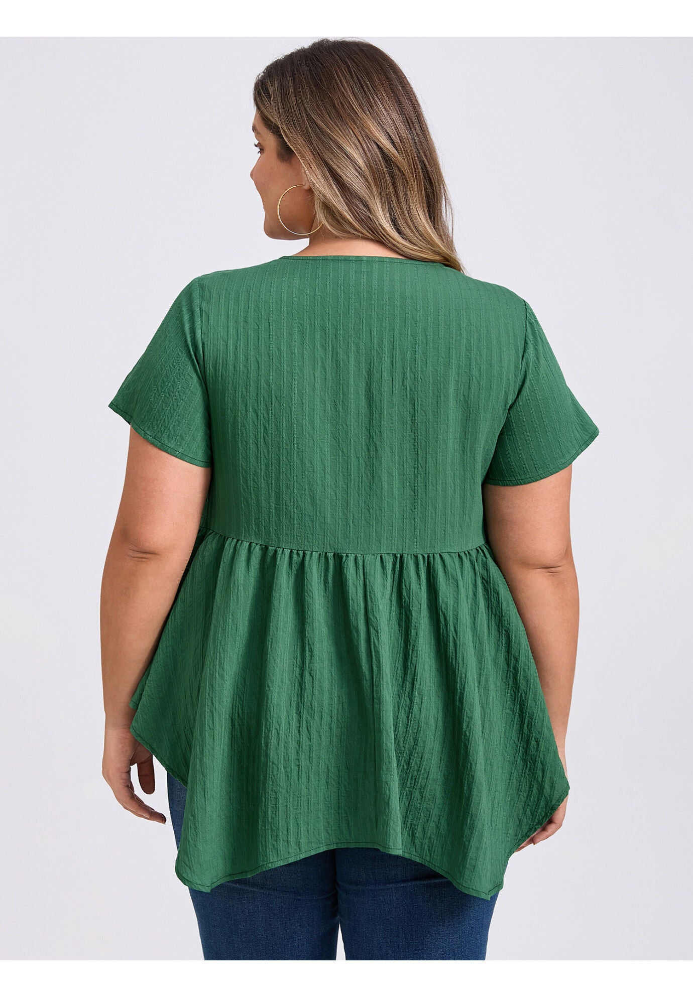 Texture Short Sleeve Pintuck Blouse Button Decor Hanky Asymmetric Hem Top, Dark Green / Forest Green, alternate image number 2