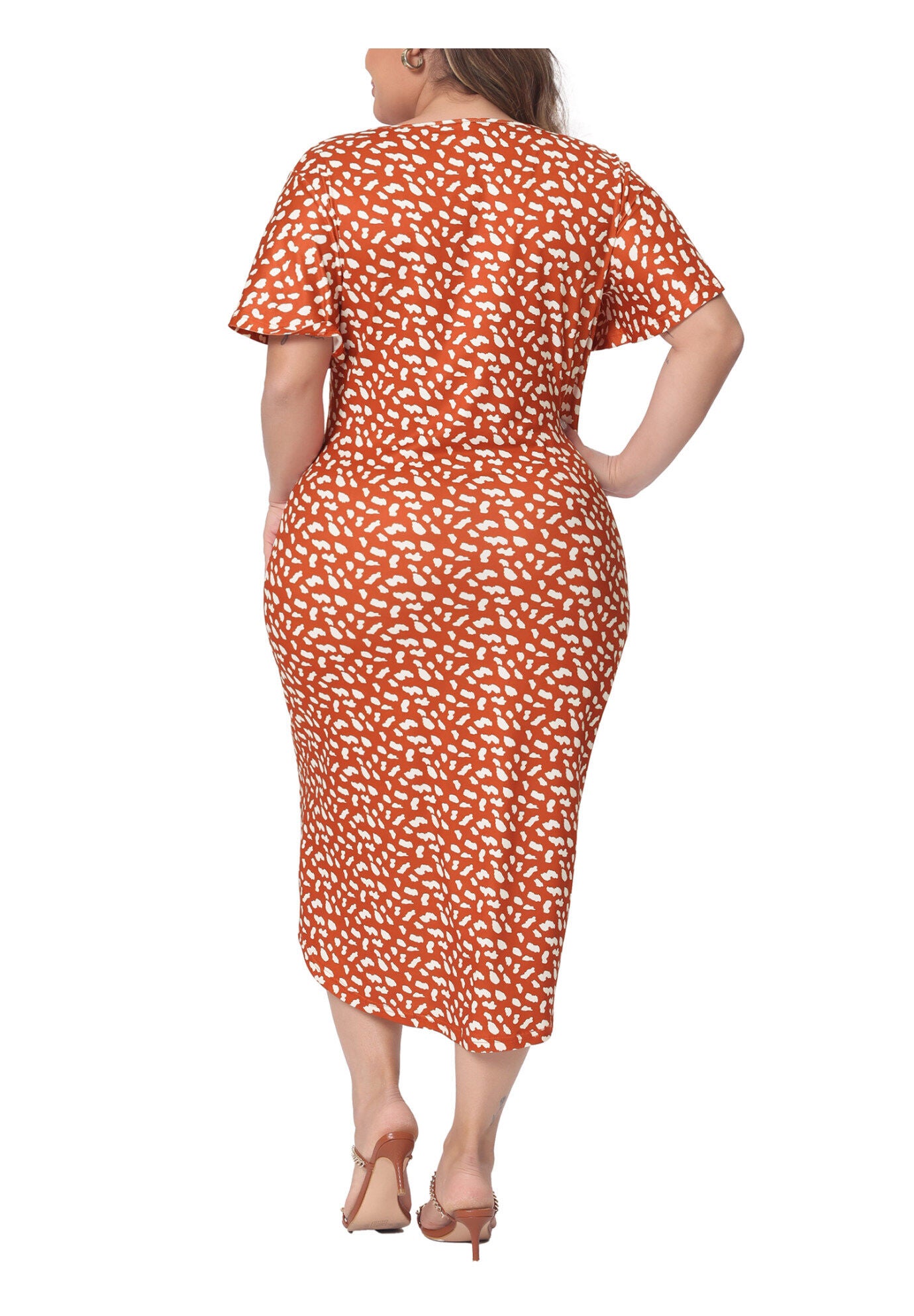 Polka Dots Ruched Round Neck Short Sleeve Wedding Cocktail Bodycon Dress, Orange / Orange, alternate image number 3