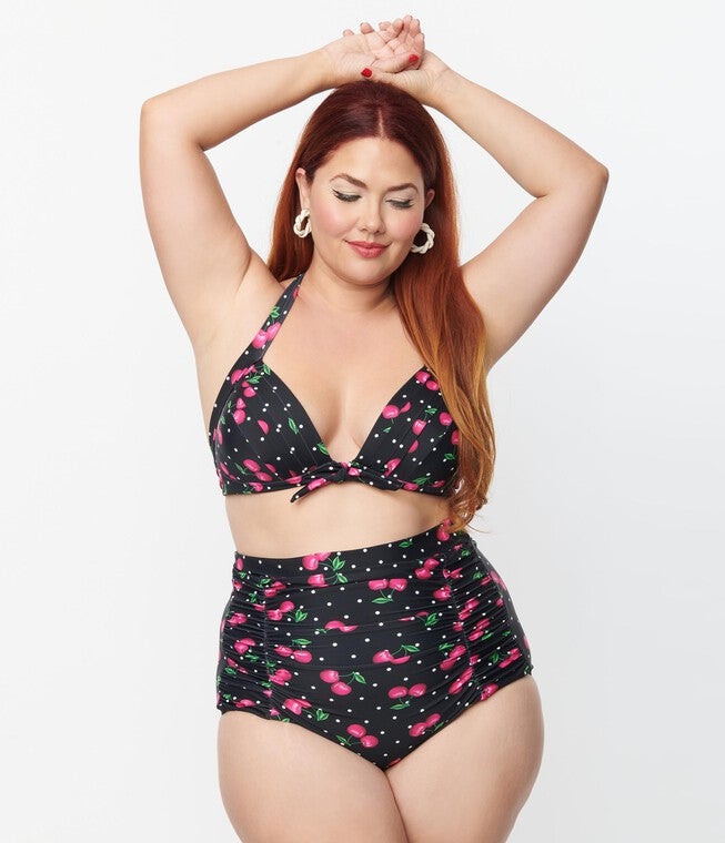 Unique Vintage Black & Hot Pink Cherry Pin Dot Monroe Swim Bottom, , alternate image number null
