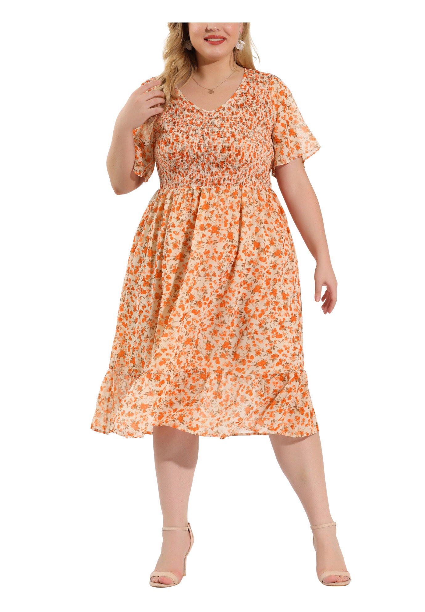 Flare Smock Ruffle Chiffon Floral Midi Dress, White / White, alternate image number 2