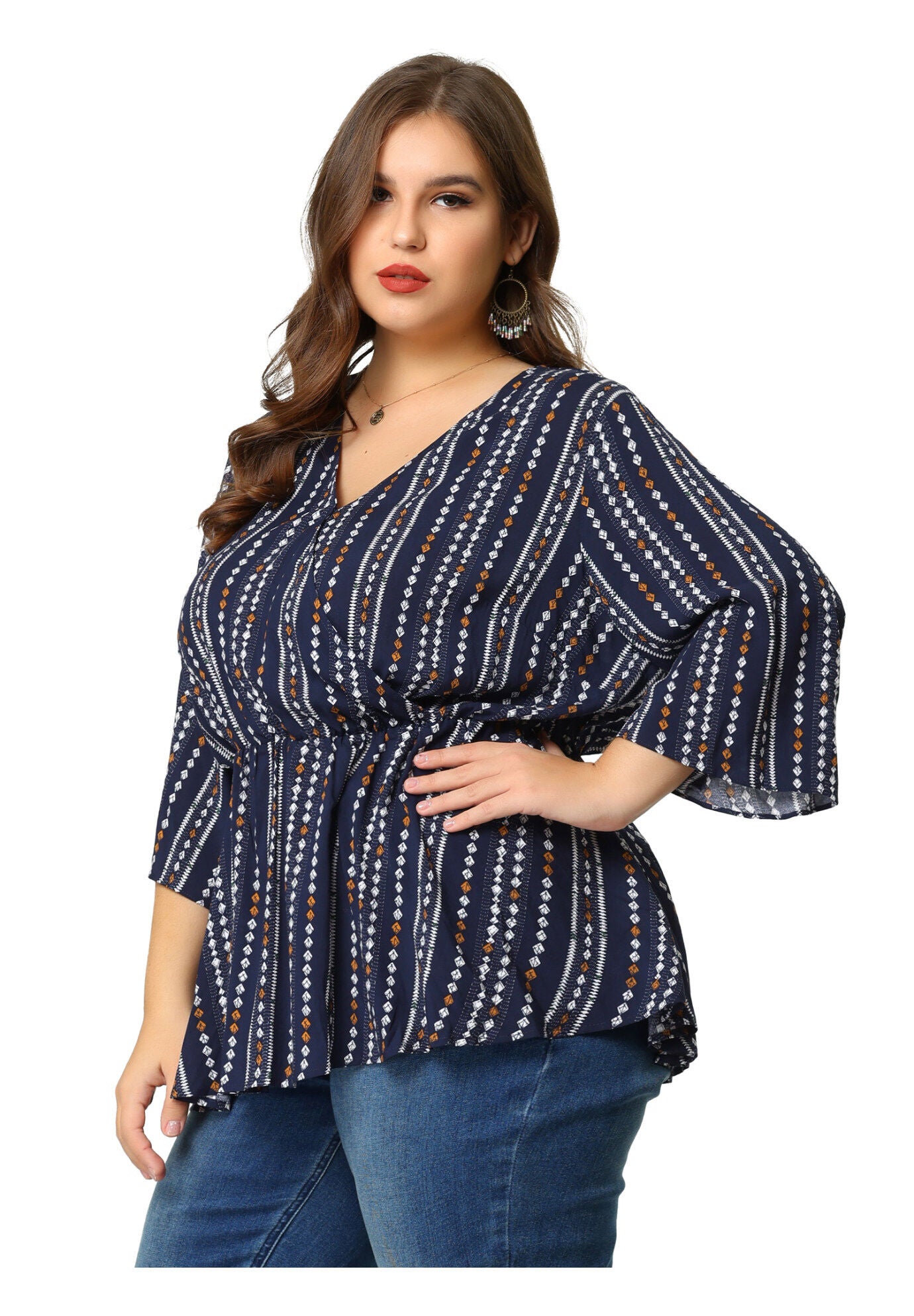 Boho Work V Neck Striped Peplum Top Blouse, Blue / Navy, alternate image number 3