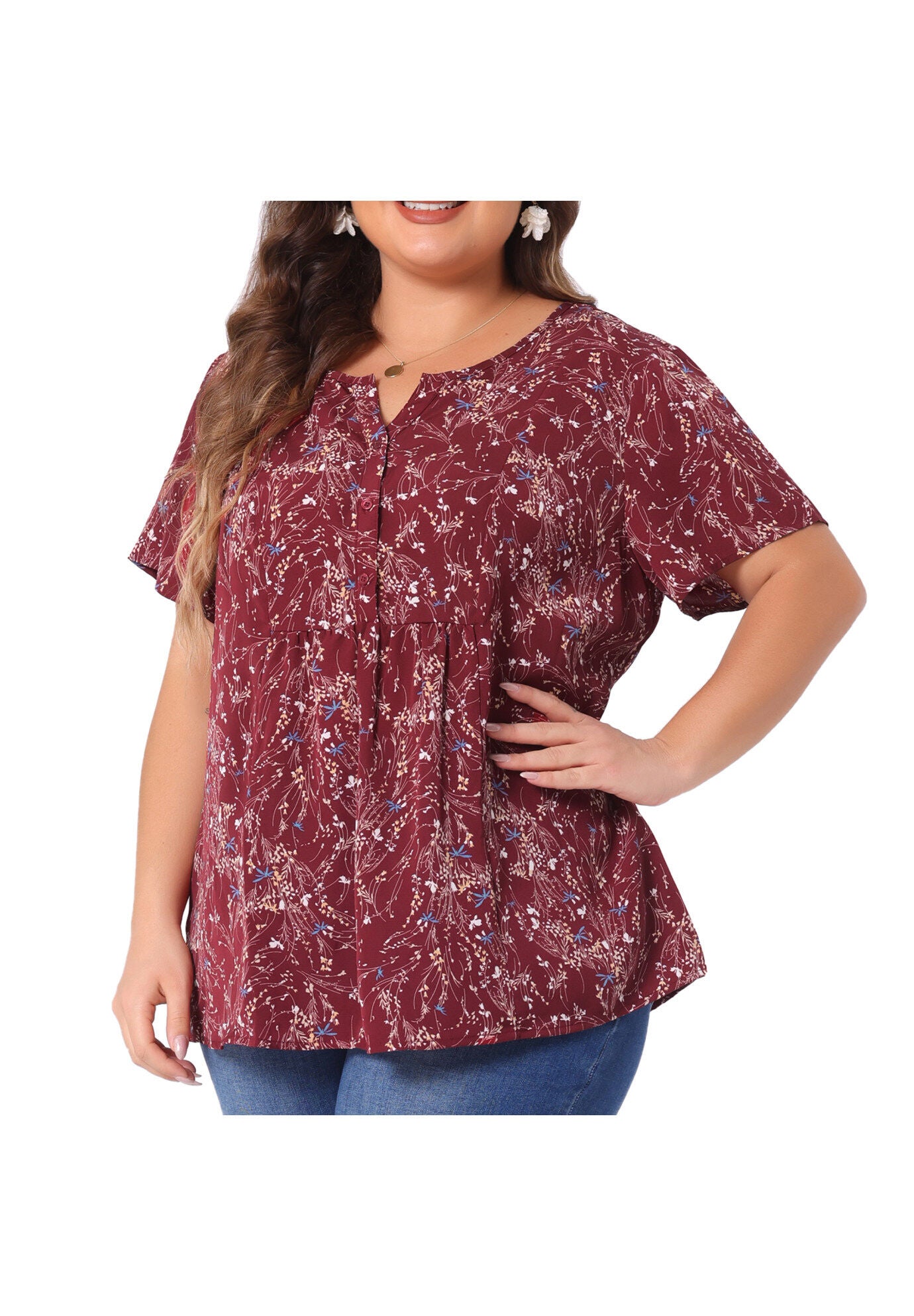 Summer Top Floral Half Placket Short Sleeve Casual Blouse, Burgundy / Burgundy, alternate image number 1
