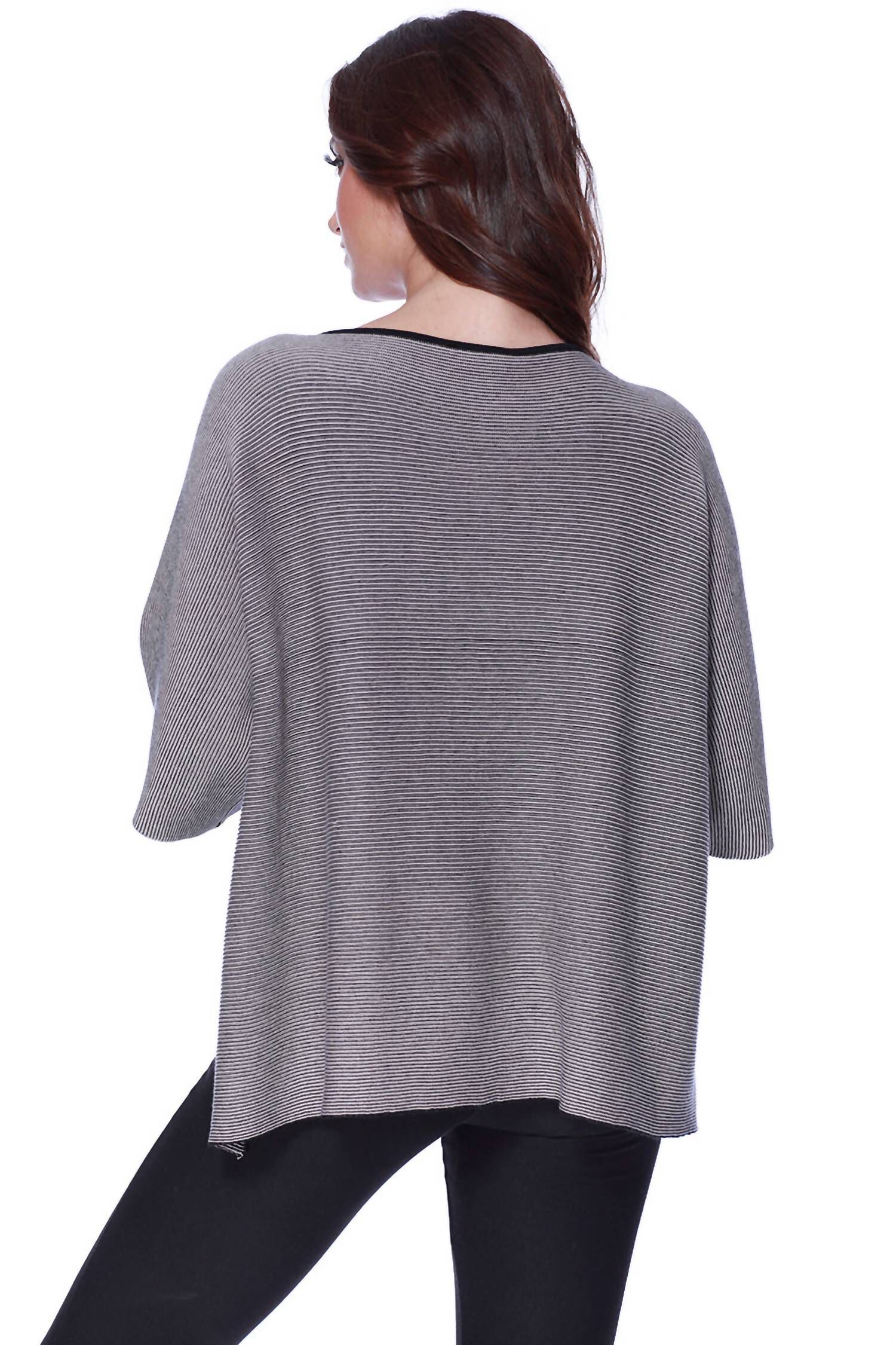 2-TONE HIGH SLIT SWEATER PONCHO IN STONE, , alternate image number 3