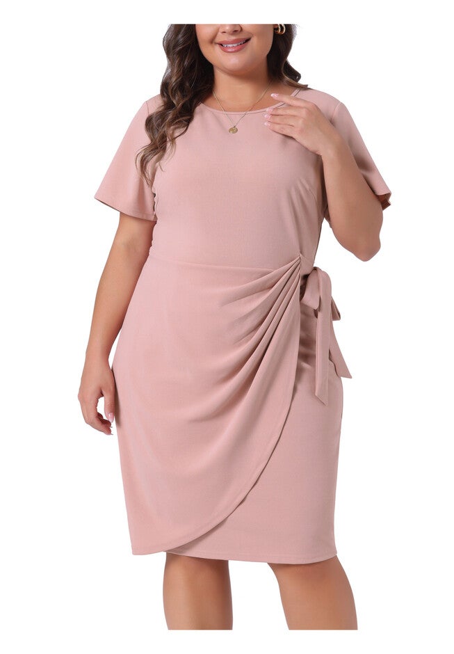 Belted Tie Pencil Bodycon Wear to Work Dress, Pink / Pink, alternate image number 1