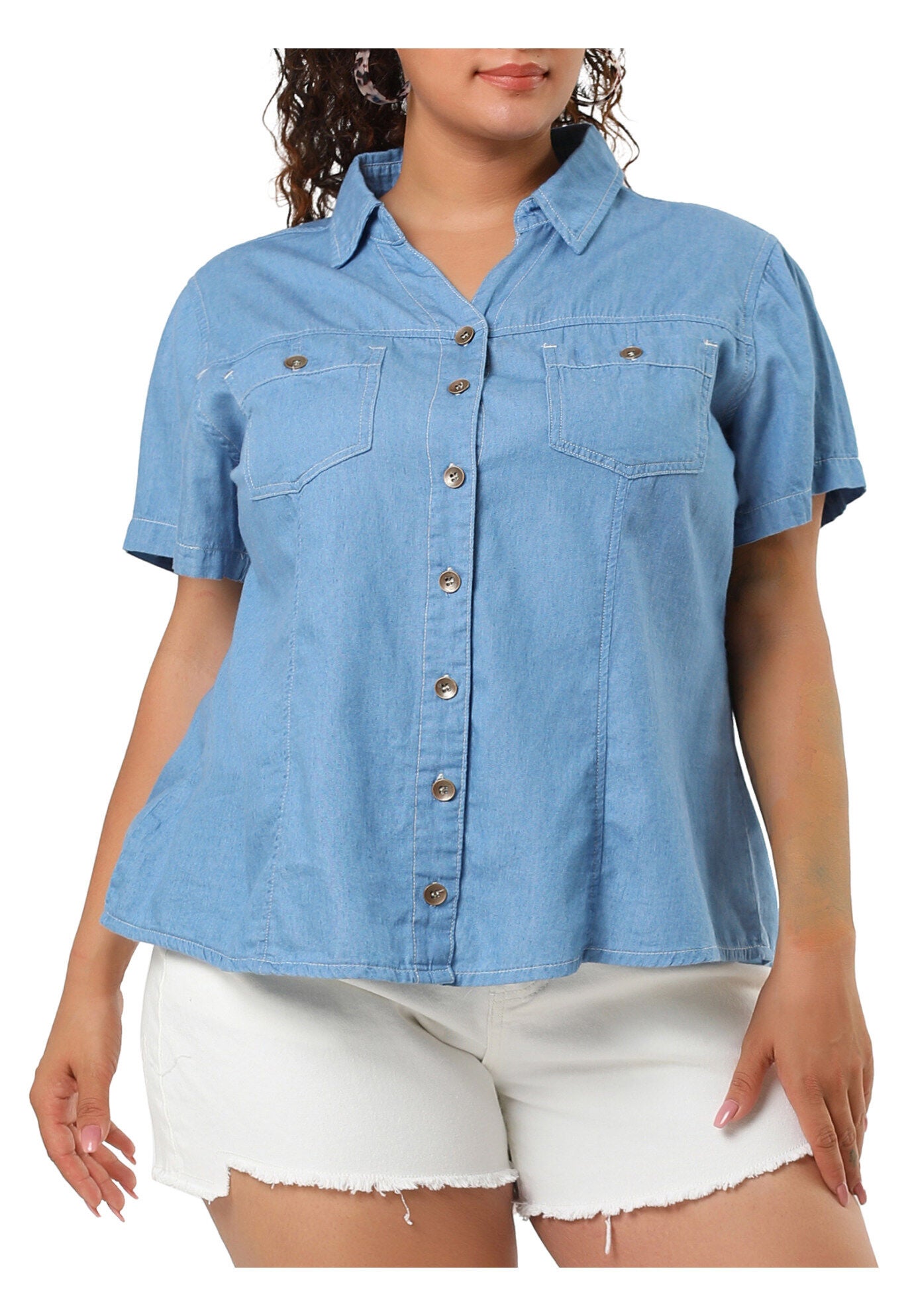 Short Sleeve Chambray Button Down Denim Shirt, Light Blue / Light Blue, alternate image number 1