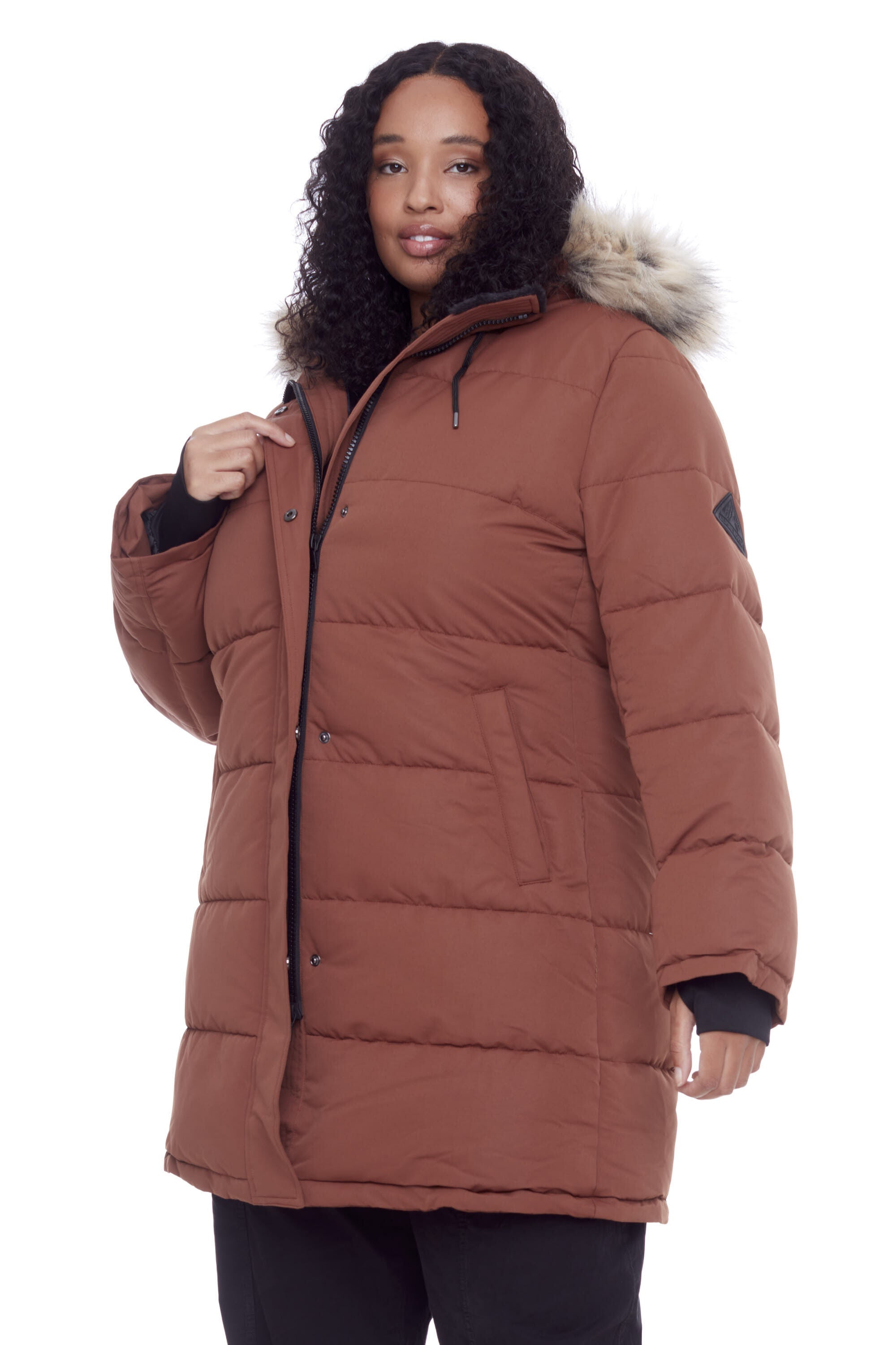 Women&#39;s Plus Size - AULAVIK | Vegan Down Recycled Mid-Length Hooded Parka Coat, Maple / Brown, alternate image number 3