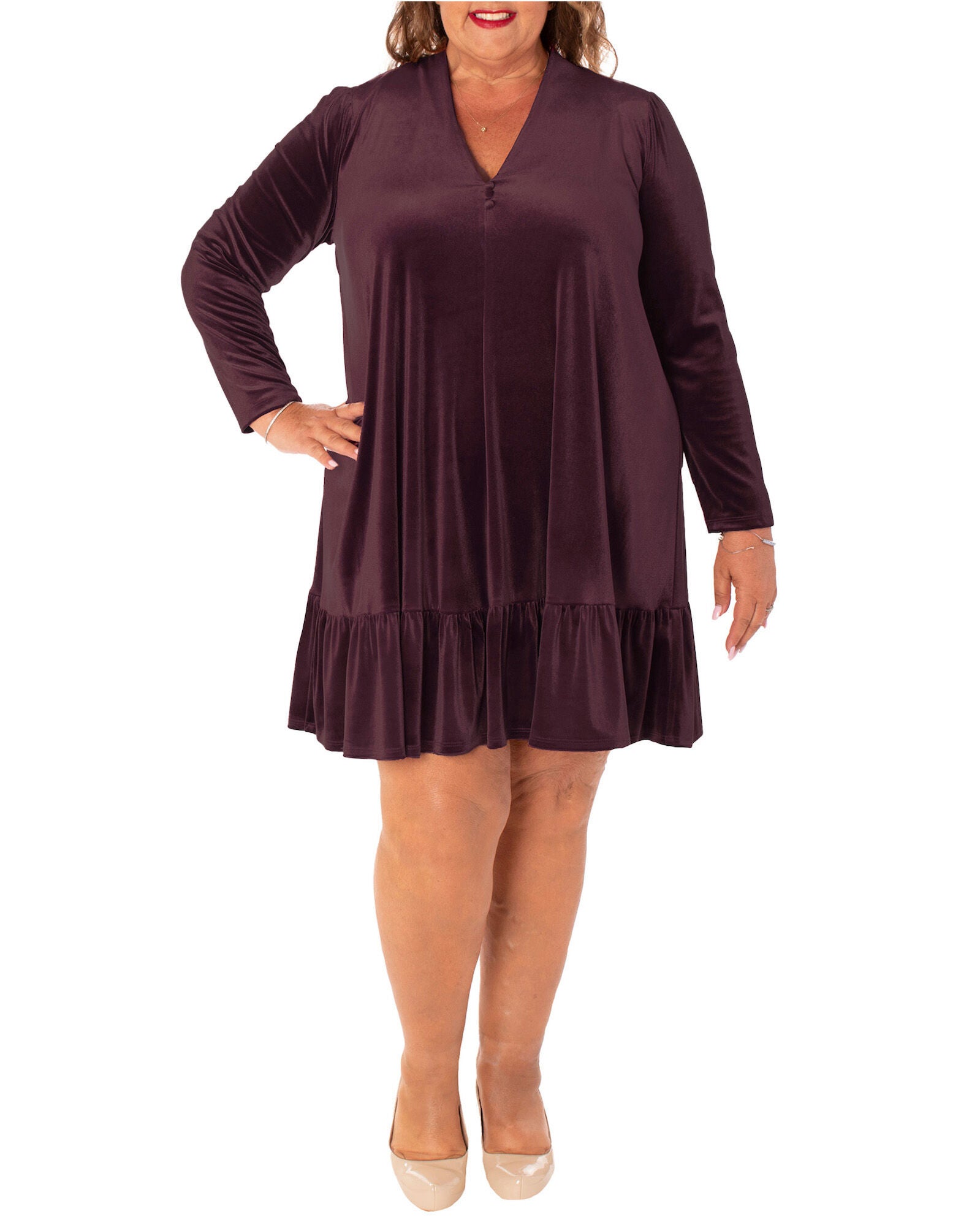 SOLID STRETCH  VELVET UNLINED DRESS, WINE TASTING / Purple, hi-res image number 0