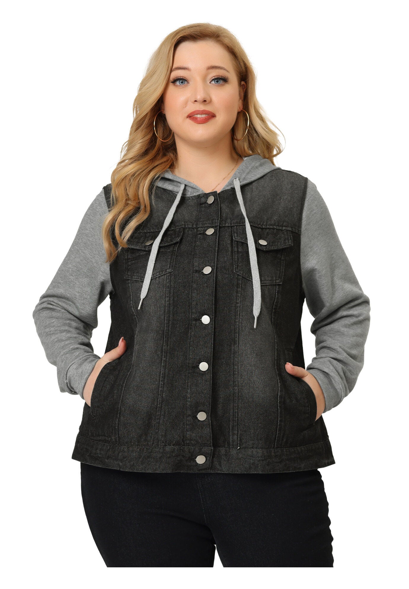 LAYERED DRAWSTRING HOODIE DENIM JEAN JACKET, Black / Black, alternate image number 2