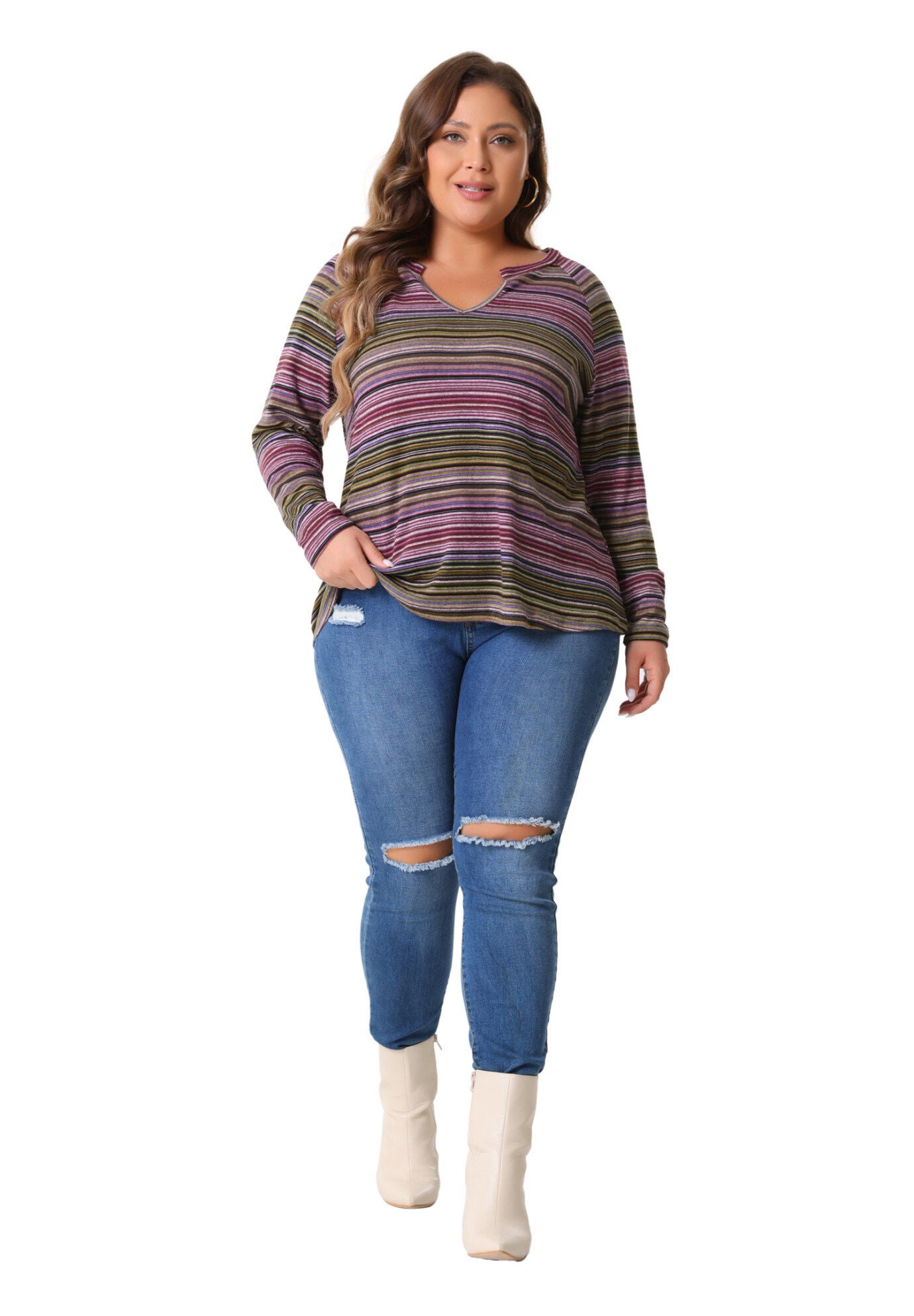 Long Sleeve T-Shirt Notch V Neck Blouse, Pink / Pink, hi-res image number 0