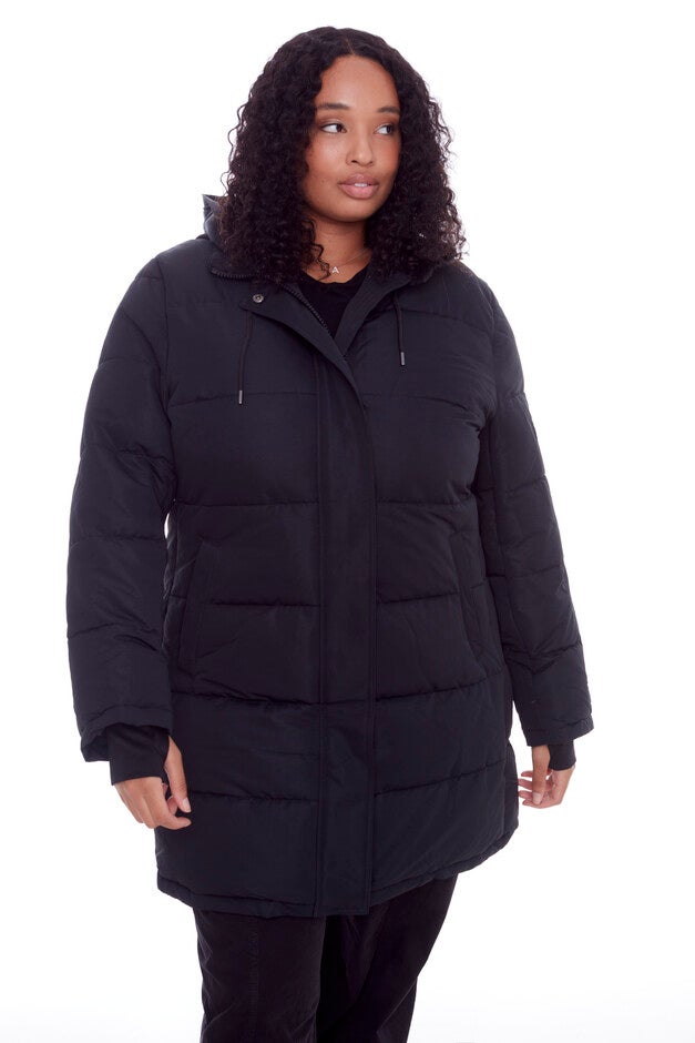 Women's Plus Size - AULAVIK | Vegan Down Recycled Mid-Length Hooded Parka Coat, Black / Black, alternate image number null