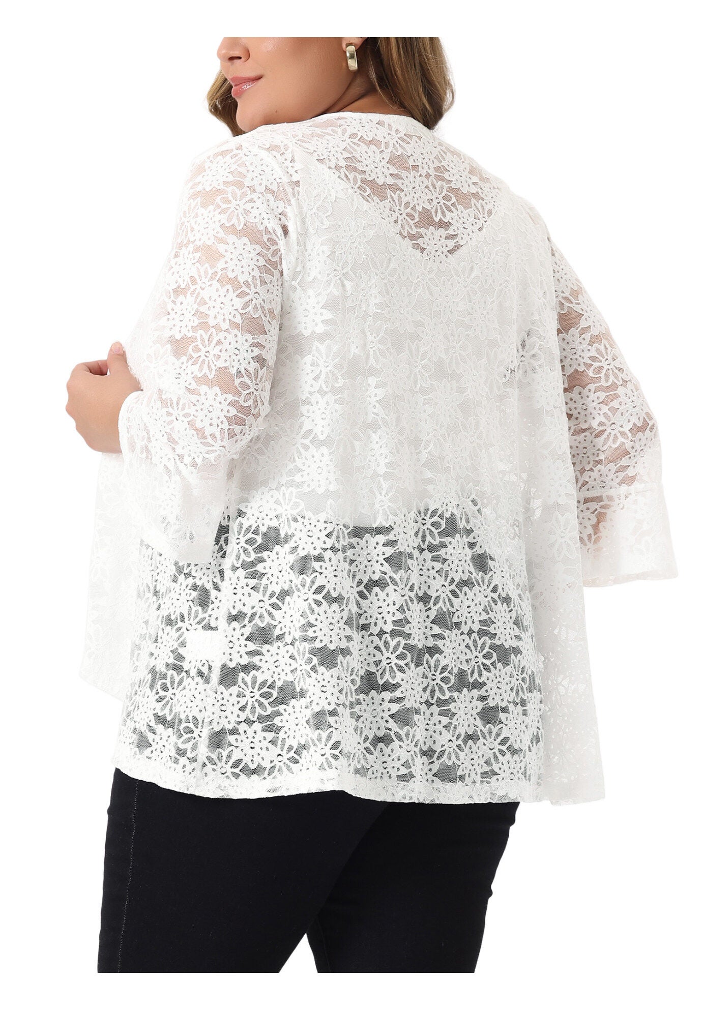 OPEN FRONT 3/4 BELL SLEEVE SHEER LIGHTWEIGHT LACE COVER UP CARDIGAN, White / White, alternate image number 3