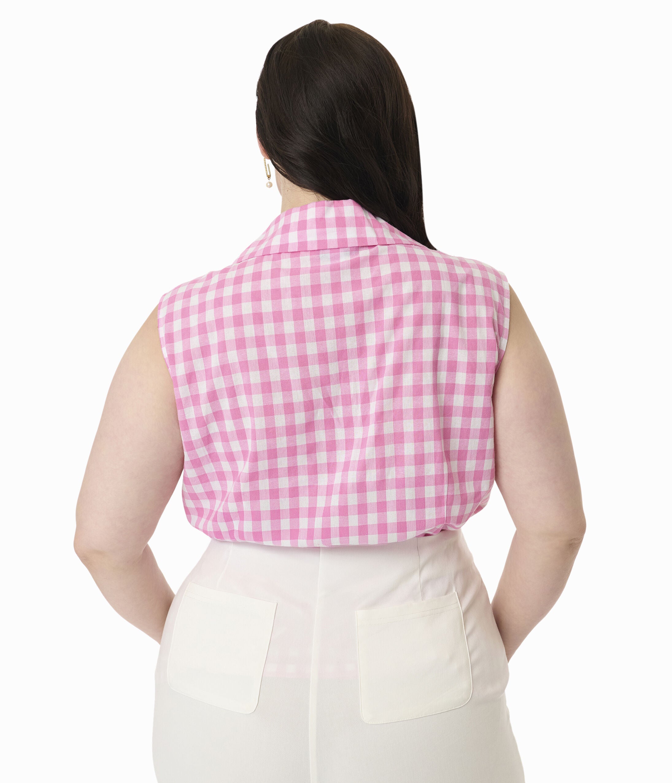 Unique Vintage Plus Size Pink & White Gingham Notched Collar Cotton Blouse, Pink / Pink, alternate image number 1