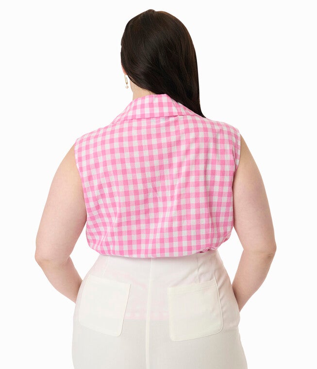 Unique Vintage Plus Size Pink & White Gingham Notched Collar Cotton Blouse, Pink / Pink, alternate image number 1