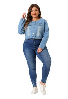 COLLARLESS CHEST POCKETS BUTTON DOWN CROP DENIM JACKET