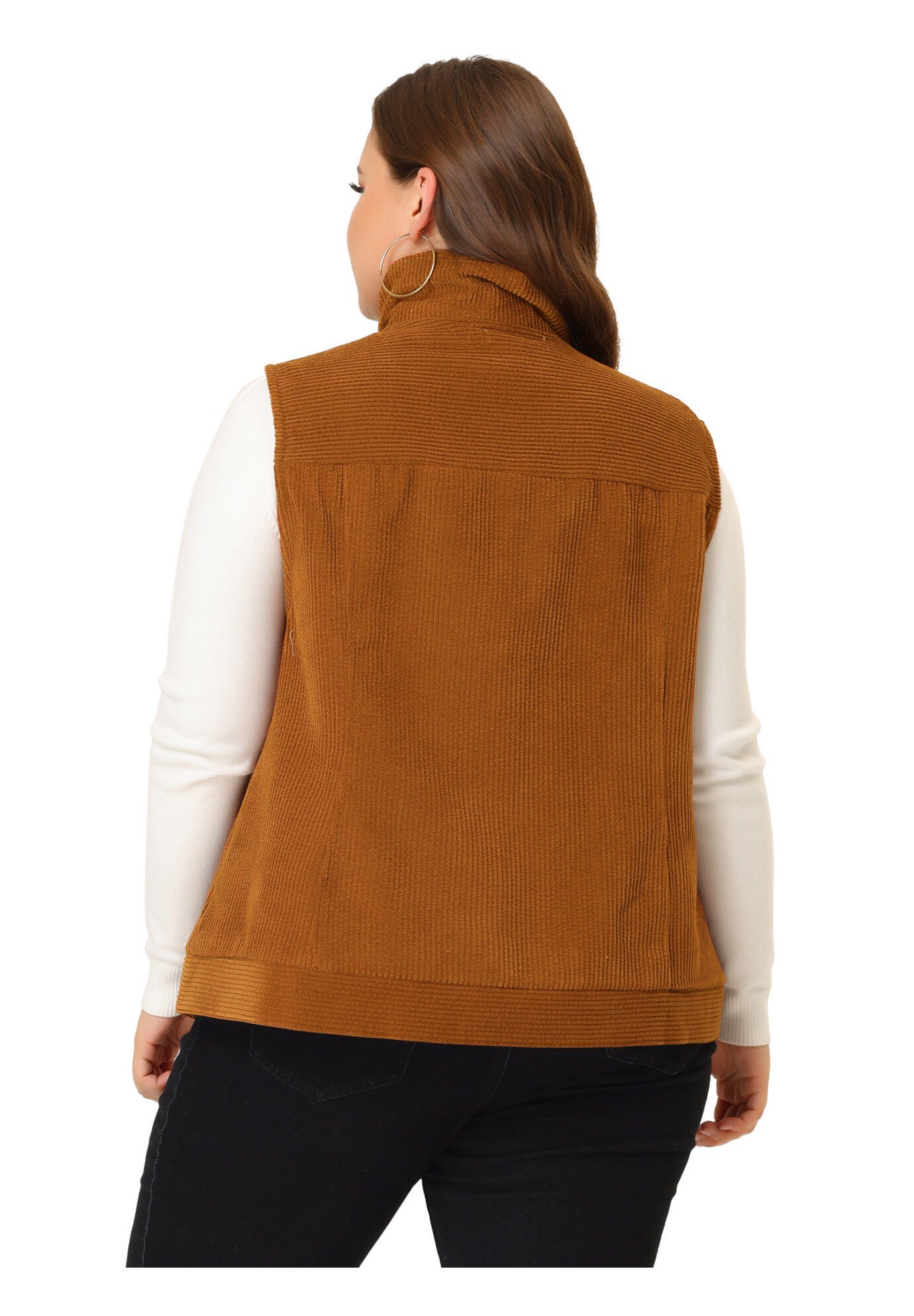 SLEEVELESS ZIPPER SIDE POCKET CORDUROY VEST, Caramel / Brown, alternate image number 3