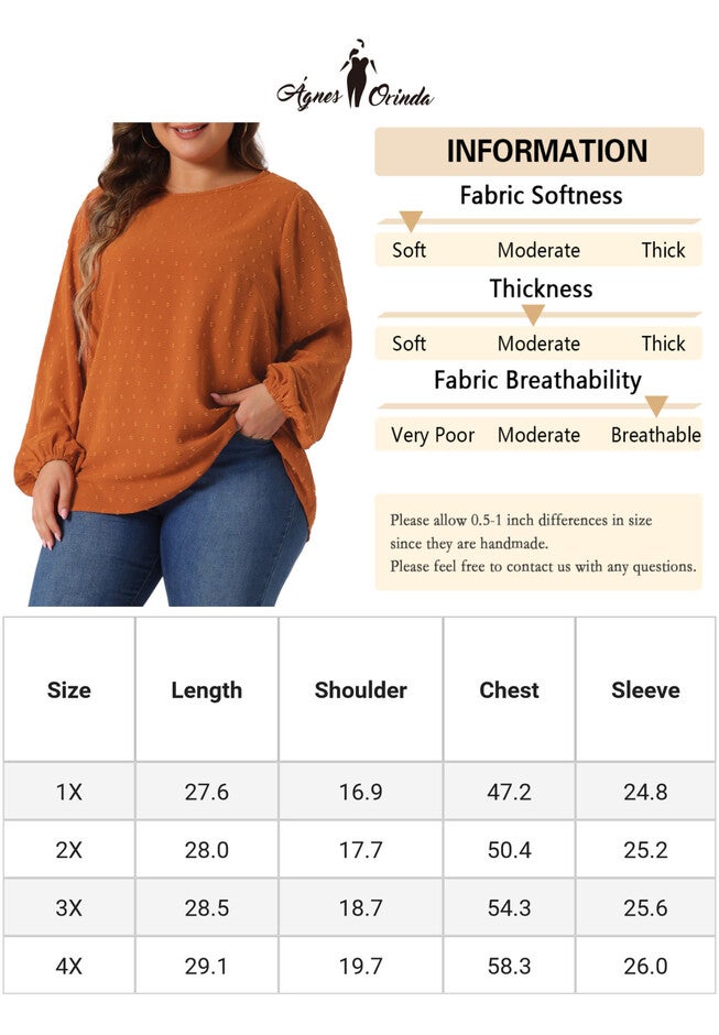 Crewneck Chiffon Blouses Swiss Dots Long Sleeve Top, Caramel / Brown, alternate image number 1
