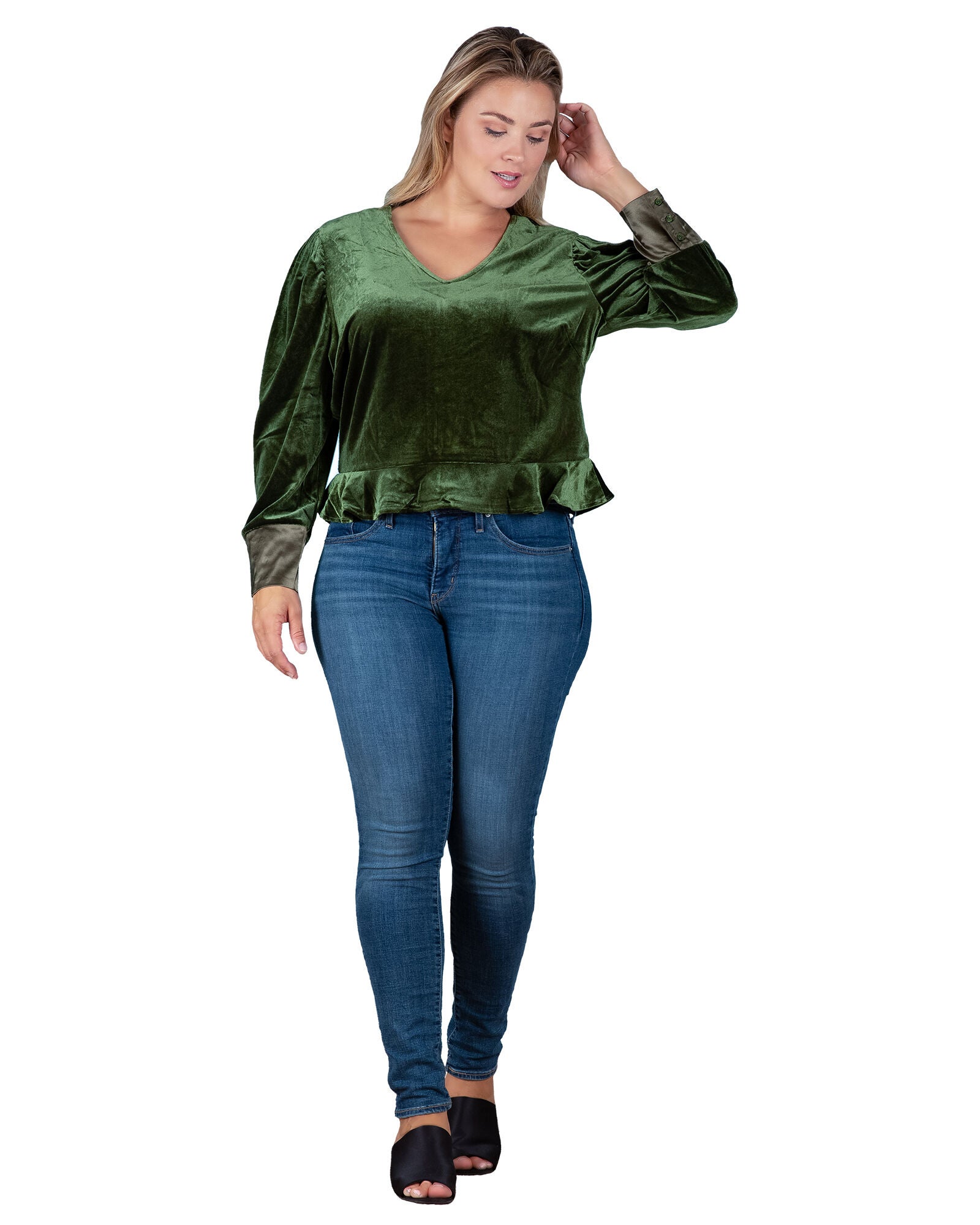 Plus Size Stretch Velvet Peplum Top, , alternate image number 8