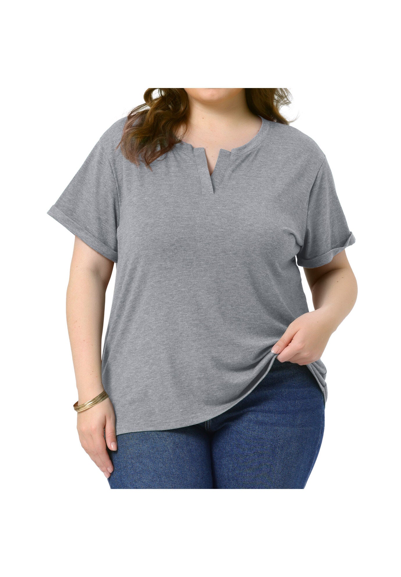 Short Sleeve Notched V Neck Summer Tees Tops, Gray / Light Grey, alternate image number 2