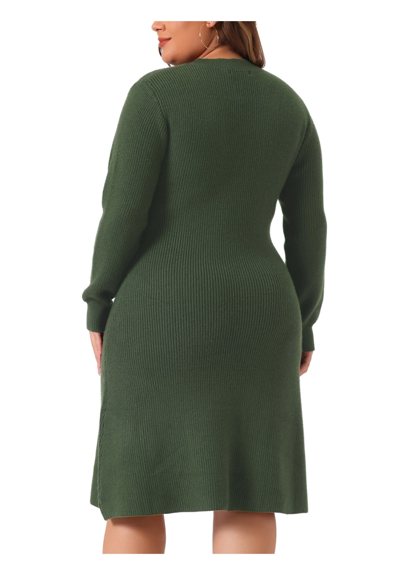Crew Neck Long Sleeve Knit Pullover Sweater Dress, Army Green / Olive Green, alternate image number 3