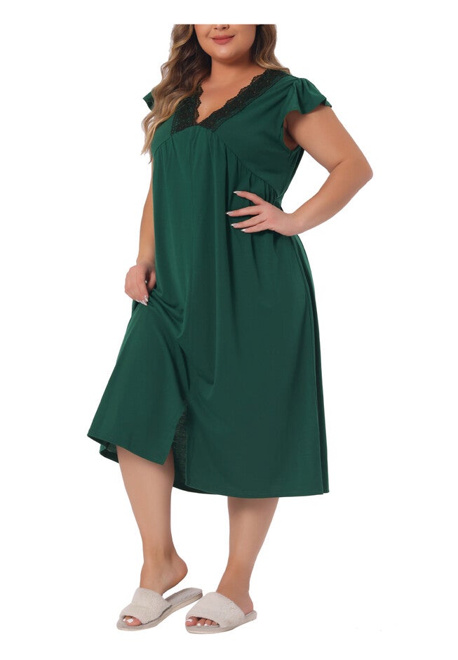 Lace V Neck Front Slits Short Sleeves Sleepwear Dress, Dark Green / Forest Green, alternate image number 2