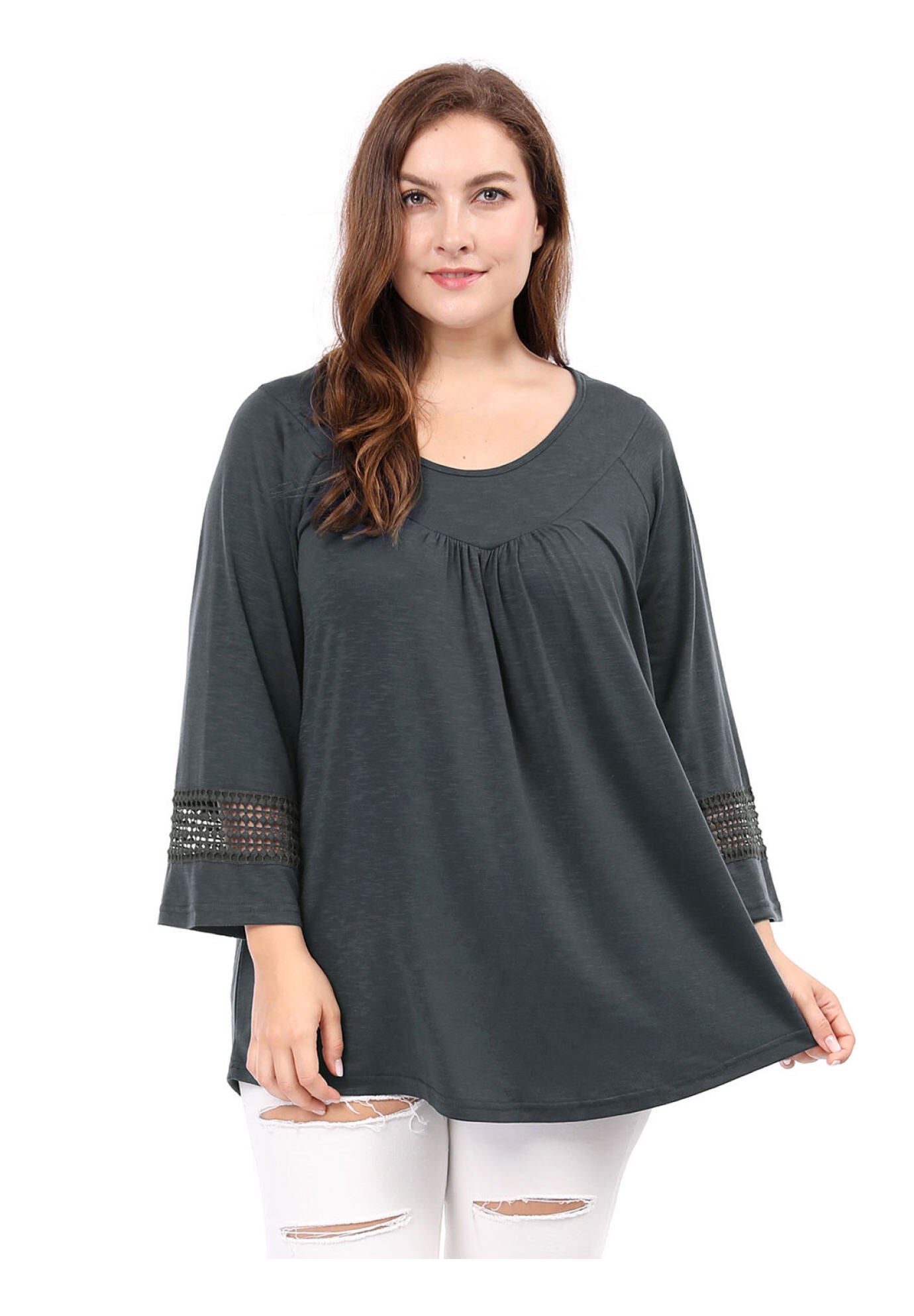 CROCHET PANEL HOLLOW OUT PLEATED TUNICS BLOUSE TOP, Dark Grey / Charcoal Grey, alternate image number 1