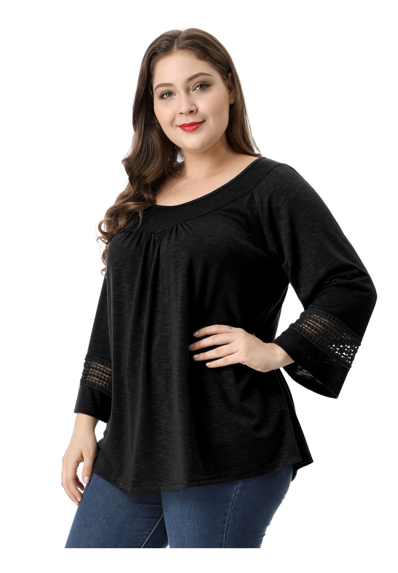 CROCHET PANEL HOLLOW OUT PLEATED TUNICS BLOUSE TOP, Black / Black, alternate image number 3