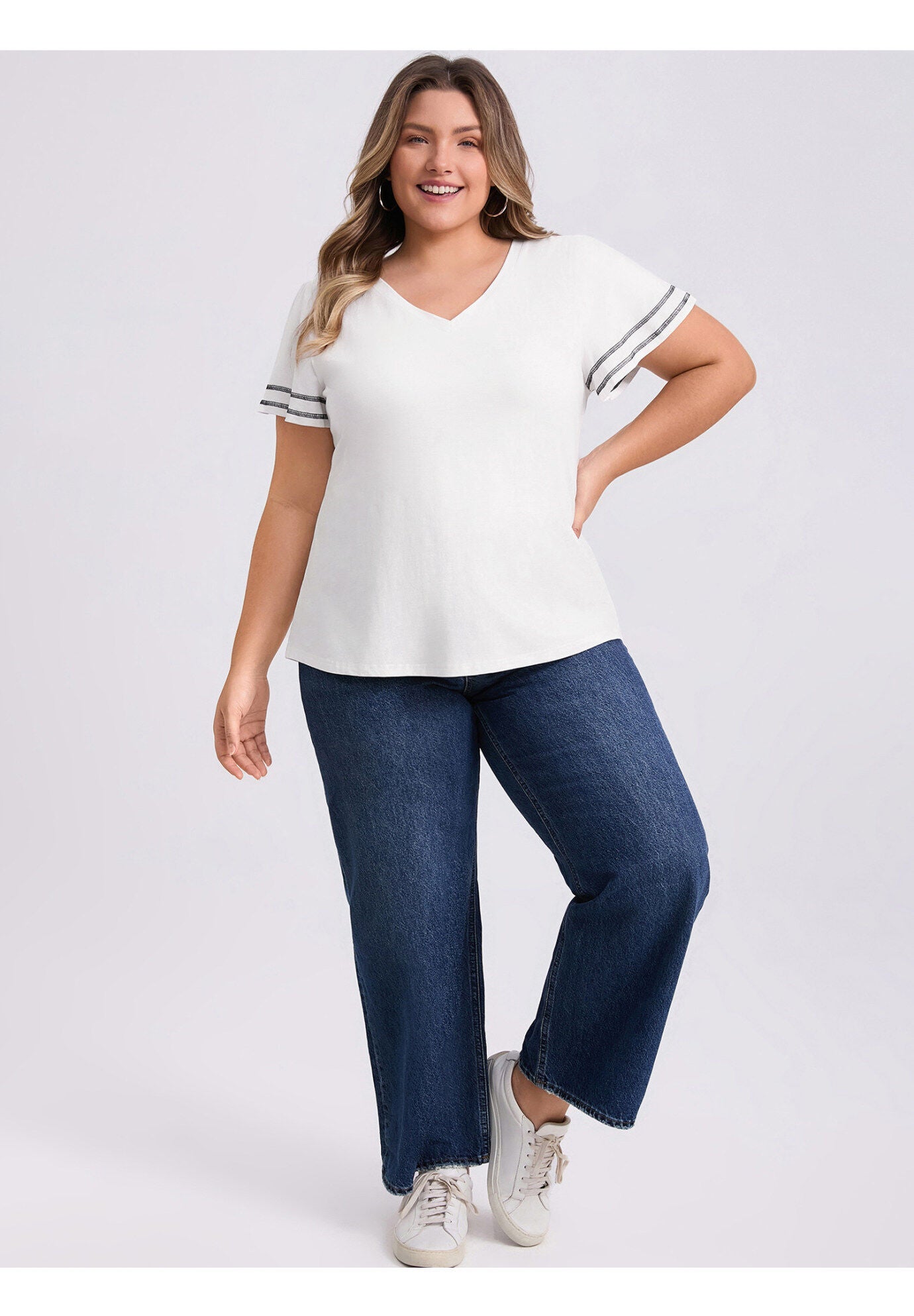 Contrasting Colors Top Ruffle Short Sleevs Tee Shirt Blouse, White / White, hi-res image number 0