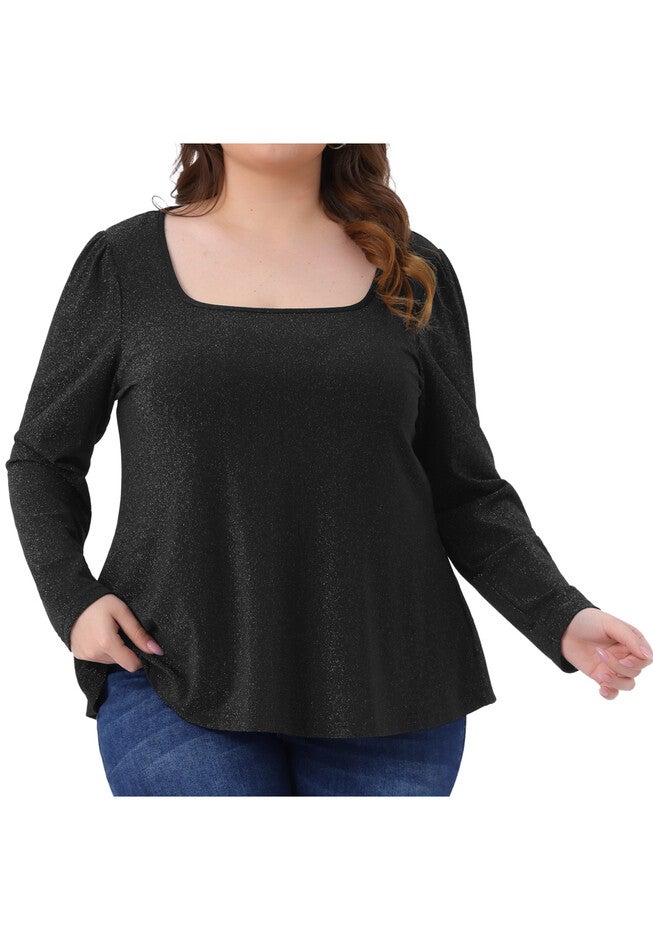 Party Glitter Square Neck Shiny Sparkle Blouses, Black / Black, alternate image number 2