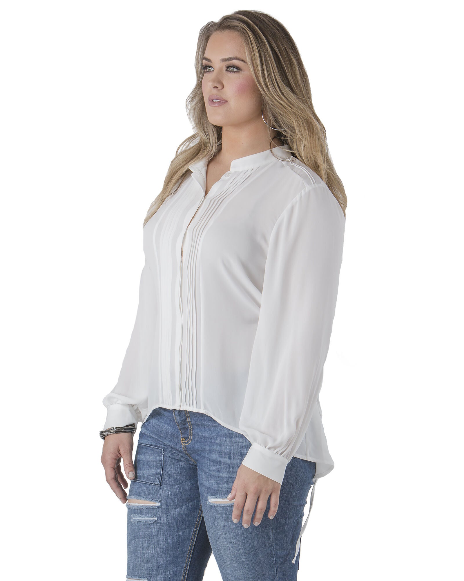 Plus Size Trisha Mandarin Collar Tuxedo Front Chiffon Blouse, White / White, alternate image number 4