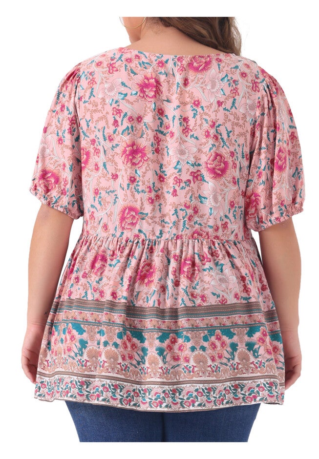 Boho Floral Print V Neck Short Sleeve Peplum Loose Blouse, Pink / Pink, alternate image number 3
