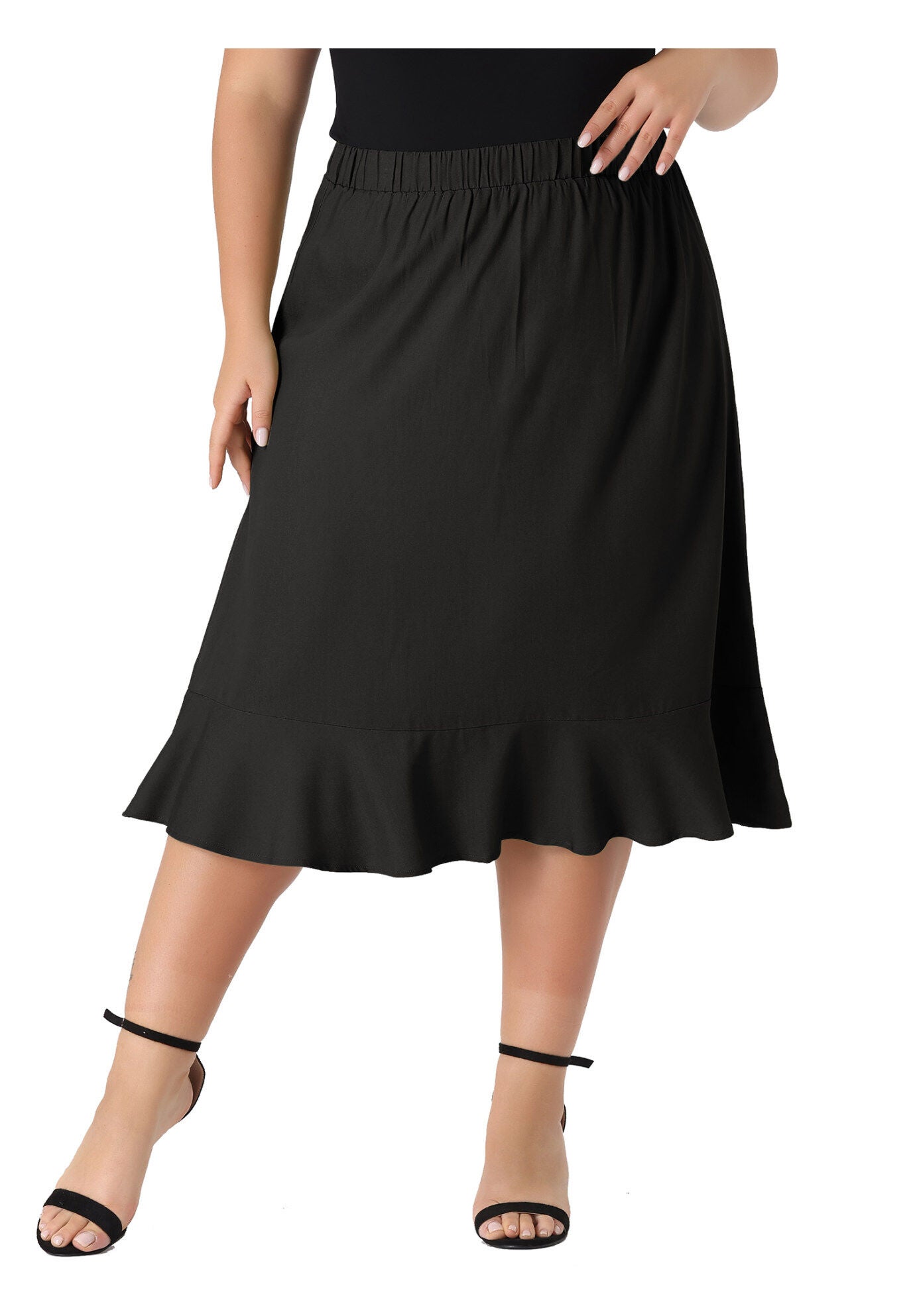 ELASTIC WAIST RUFFLE HEM CHAMBRAY MIDI SKIRT, Black / Black, alternate image number 1