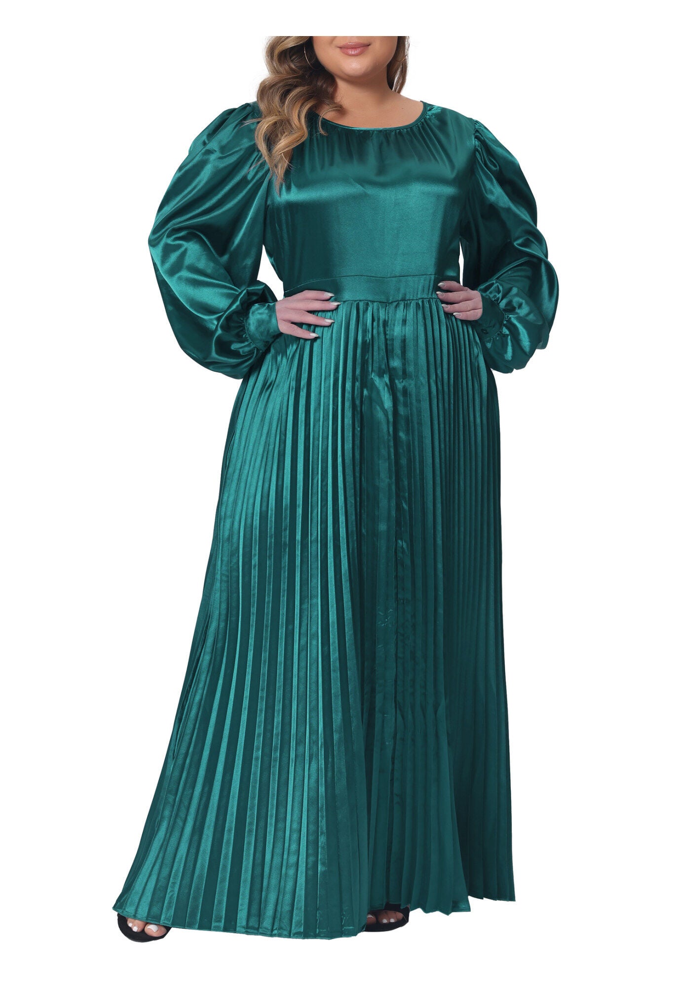 Lantern Long Sleeve Flowy Swing Pleated Maxi Dress, Green / Deep Fuchsia, alternate image number 2