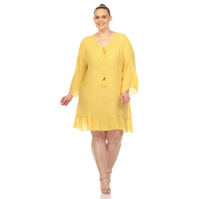 Sheer Embroidered Knee Length Cover Up Dress, Yellow / Yellow, hi-res image number 0