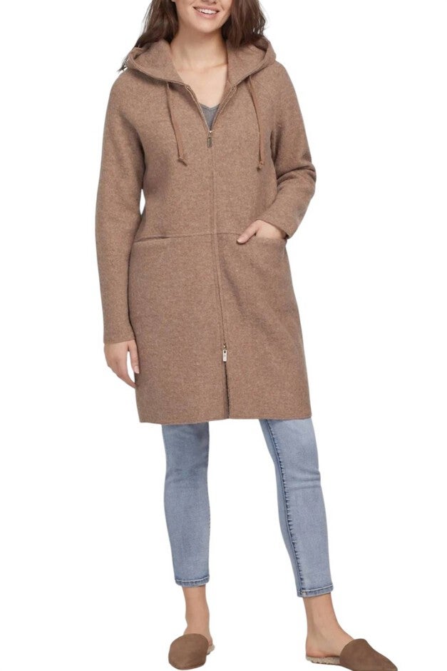 LONG WOOL HOODED COAT, Brown / Brown, hi-res image number null