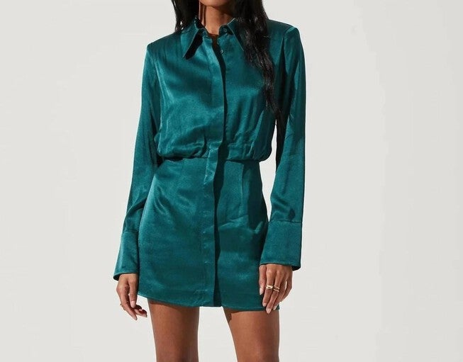 RUTH SATIN SHIRT MINI DRESS IN HUNTER GREEN, Hunter Green / Royal Blue, hi-res image number 0