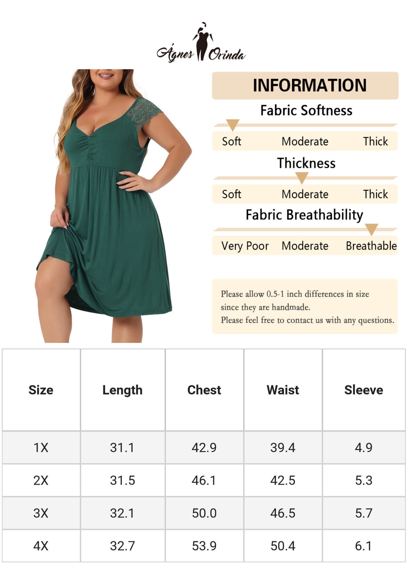 V NECK LACE CAP SLEEVE SLEEP DRESS, Dark Green / Forest Green, alternate image number 4