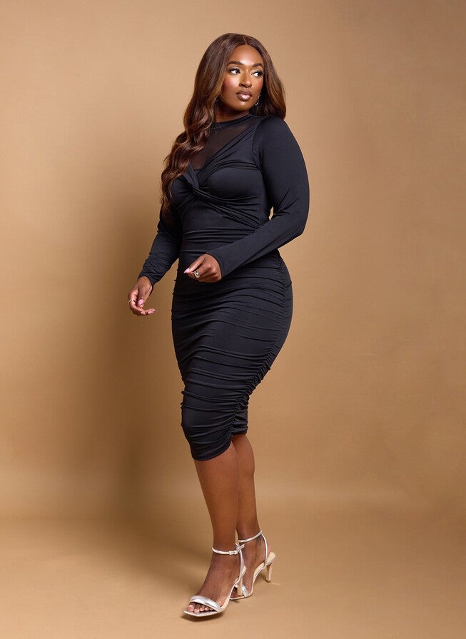 ADDISON MESH DETAIL MIDI DRESS, Black / Black, alternate image number 1
