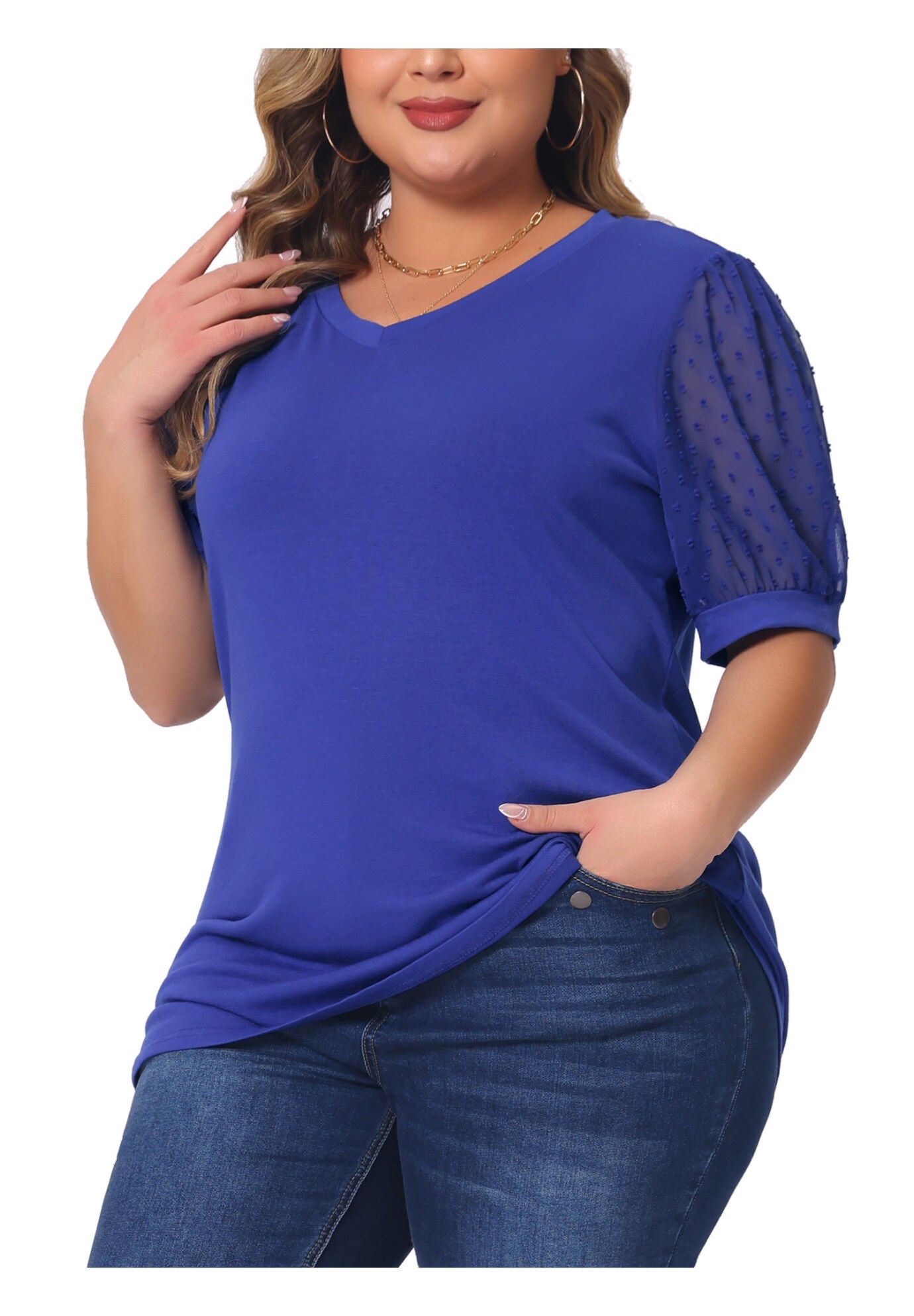 V Neck Swiss Dots Puff Sleeve Loose Top, Blue / Royal Blue, alternate image number 2