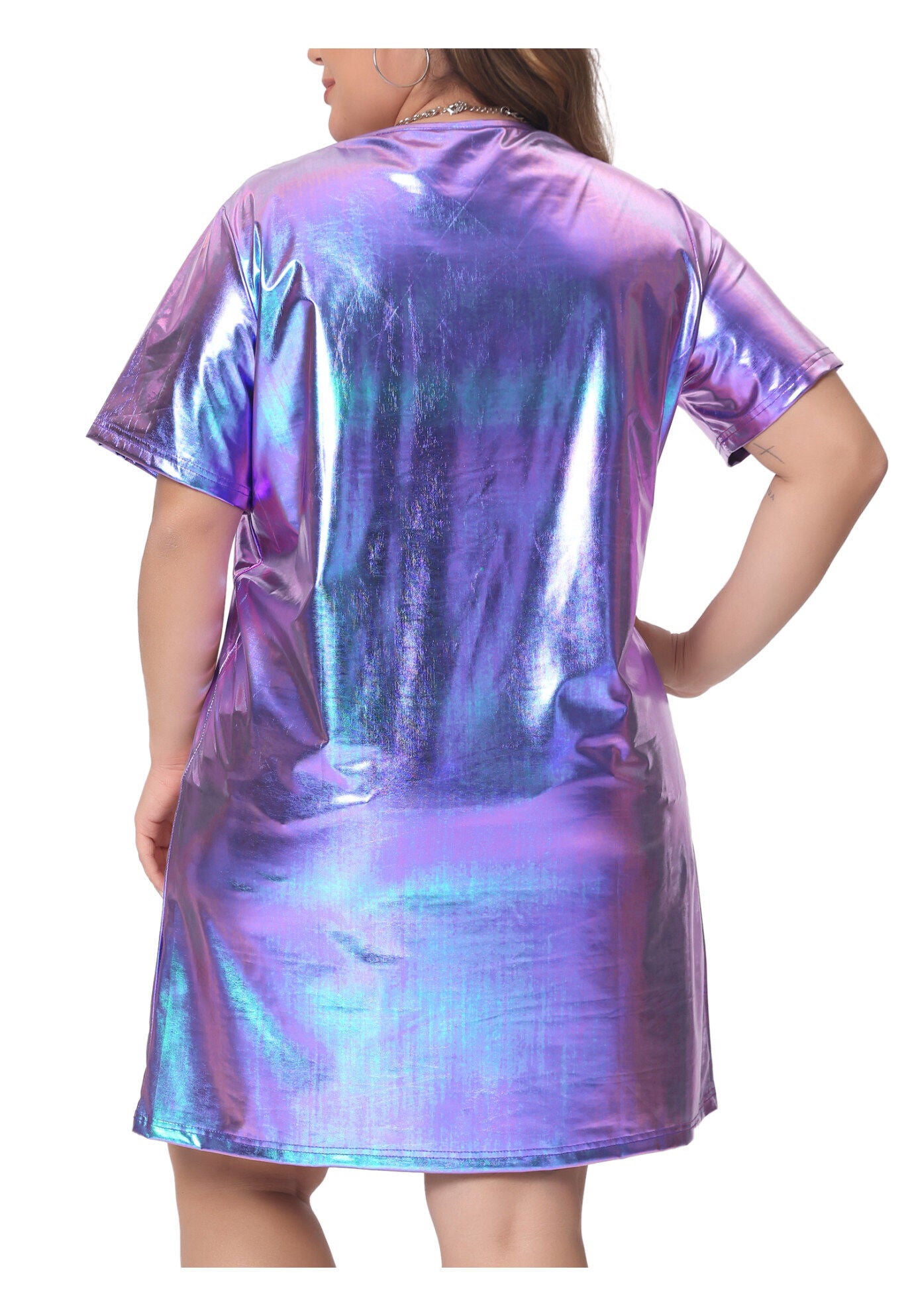 Metallic Round Neck Short Sleeve Loose Mini T-Shirt Dress, Purple / Purple, alternate image number 3