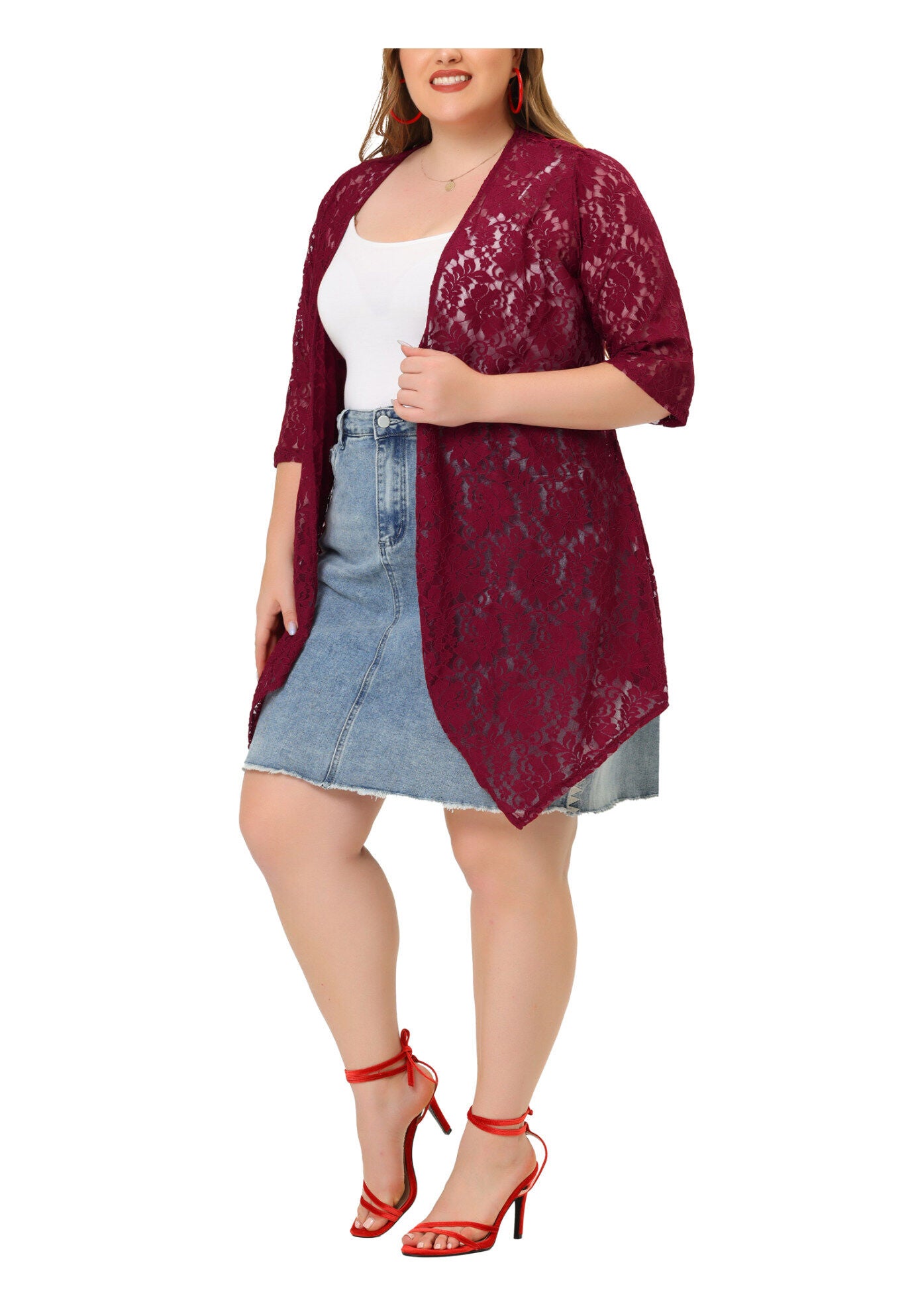 OPEN FRONT 3/4 SLEEVES CROCHET CARDIGAN COVER UP, Burgundy / Red, alternate image number 1