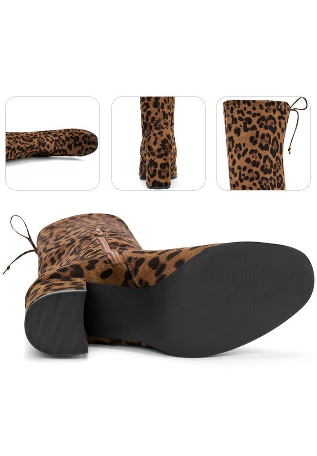 Round Toe Chunky Heel Over the Knee Boots, Leopard / Brown, alternate image number 1