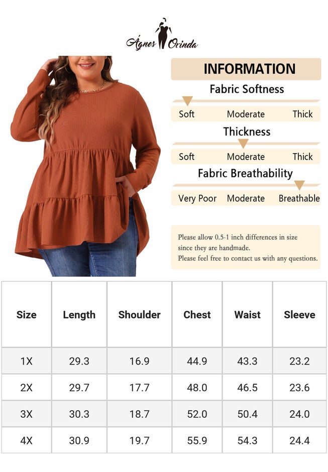 Babydoll Loose Peplum Top Blouse Tunic, Brick Red / Terracotta, alternate image number 4